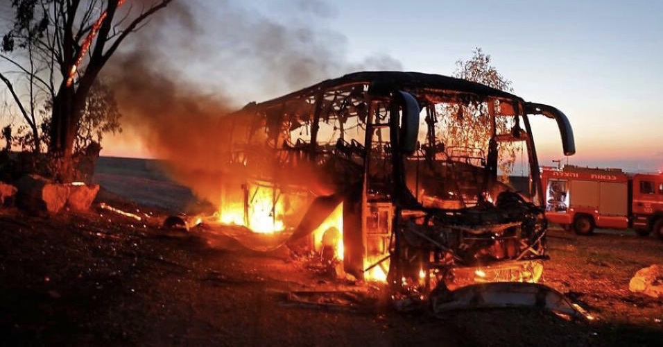 A rocket landed on the bus on the South of Israel. Photo published on TSAHAL Twitter. 3D9A353D-FF69-4BAF-9442-31622EA0CB5B