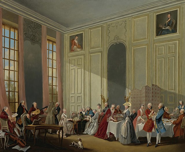 Michel-Barthélémy Ollivier, "Mozart giving a concert in The 'salon Des Quatre-Glaces Au Palais Dutemple' in the Court of the Prince de Conti", 1770. Wikimedia commons